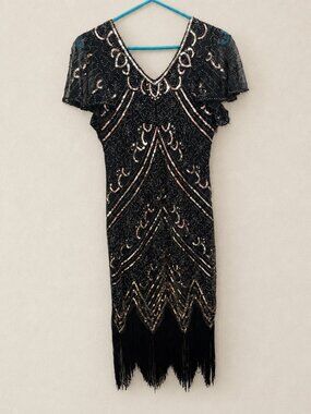 Fundaisy Women's Size Small Black & Gold Sequin Fringe 1920's Flapper Dress New
